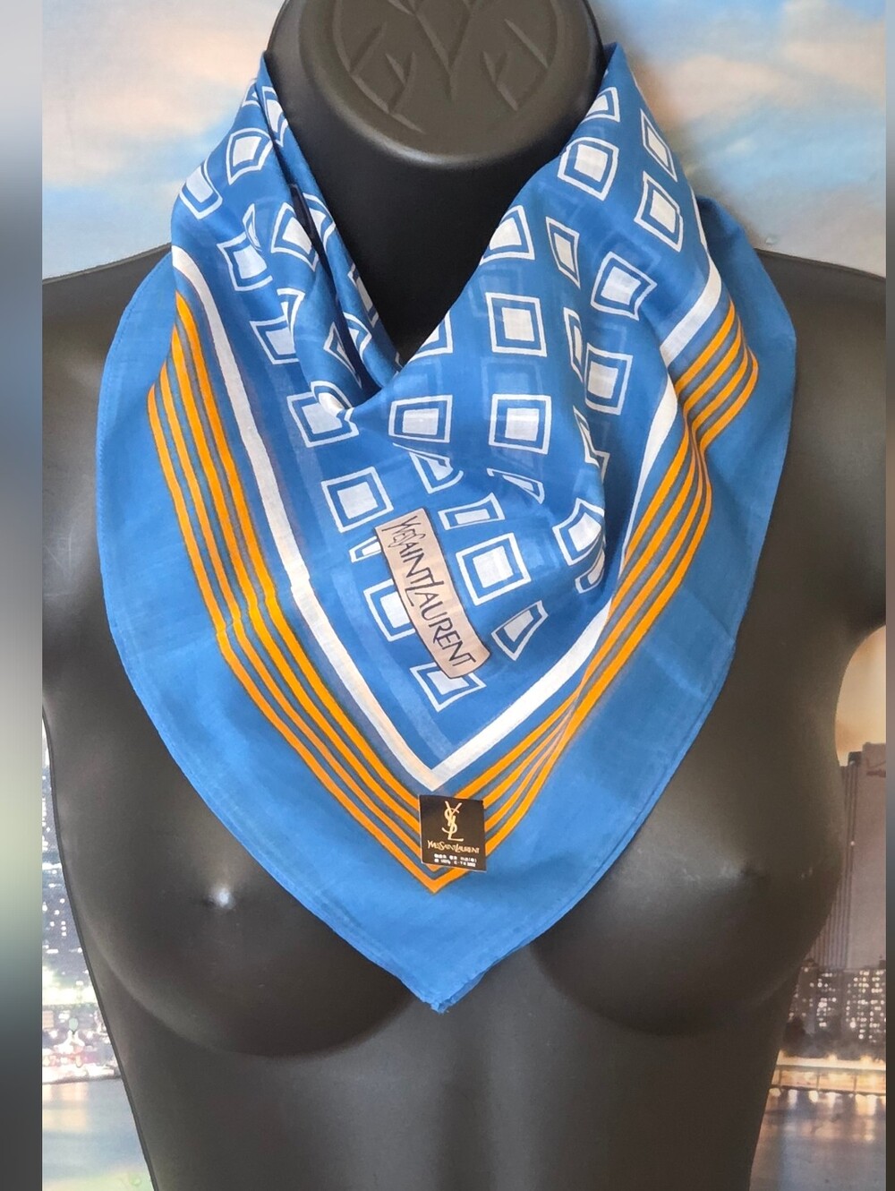 Yves Saint Laurent Blue and White Geometric Scarf with Gold Accents - Picture 3 of 12